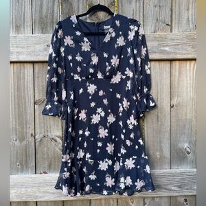 DKNY Navy Floral Long Sleeve Dress Sz 2 NWT
